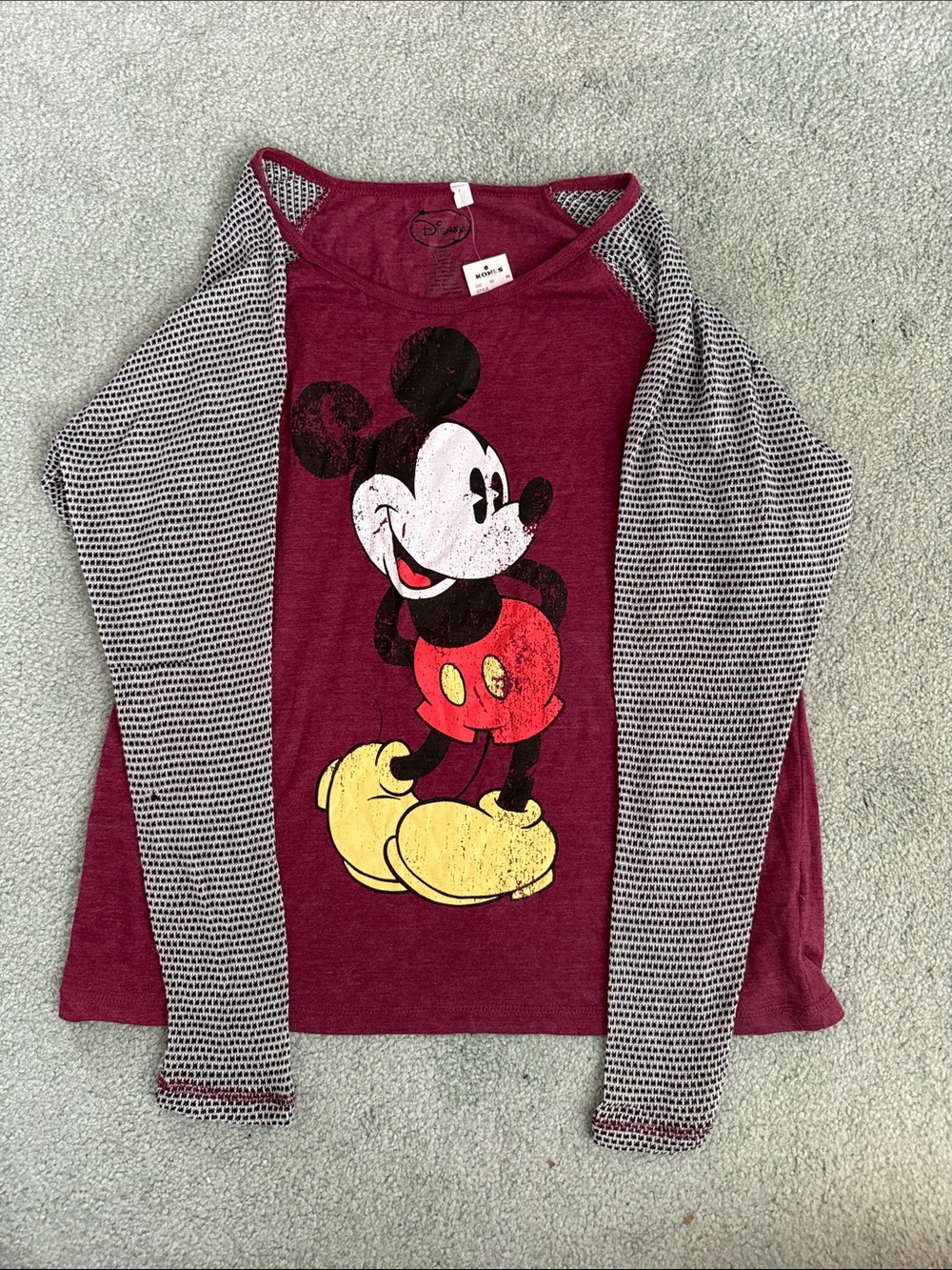 Disney Burgundy Mickey Mouse Long-Sleeve Raglan Top with Black-and-White Sleeves